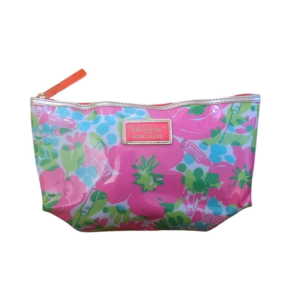 Lilly‎ Pulitzer for Estee Lauder Floral Makeup Bag Pink Green Gold Trim Pouch